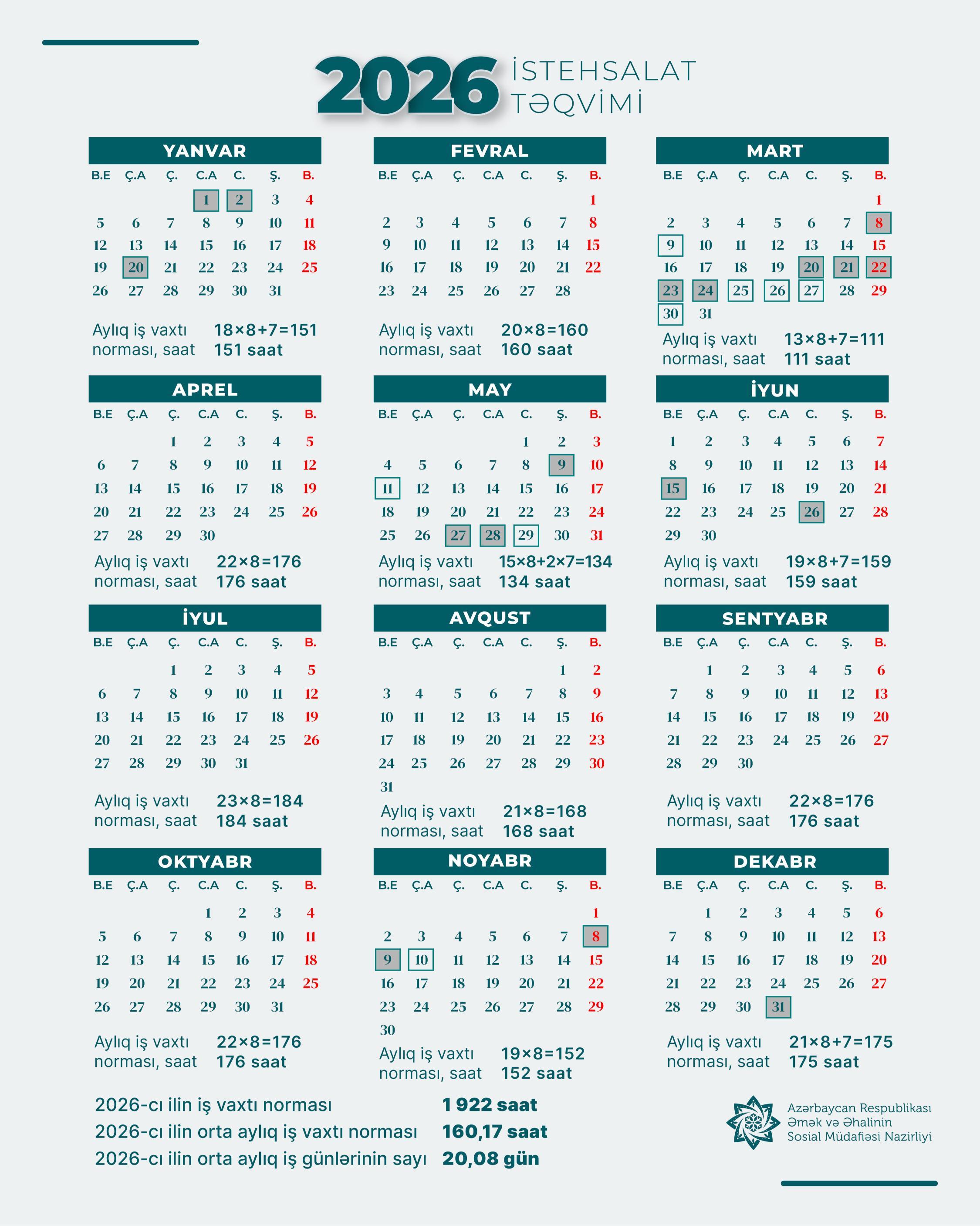 2026-cı ilin istehsalat təqvimi: 12 ay və iş vaxtı normaları. Böyütmək üçün üzərinə klikləyin.